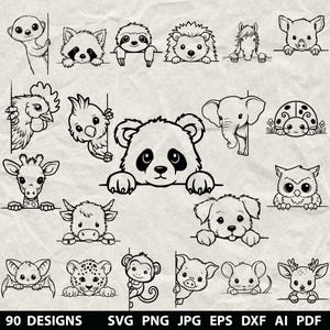 Op de afbeelding: Zwart-wit lijntekeningen van verschillende dieren, waaronder een panda, een hond en een giraffe, die over een horizontale lijn kijken. De afbeelding bevat de tekst "90 DESIGNS" en bestandsformaat afkortingen zoals "SVG" en "PNG".