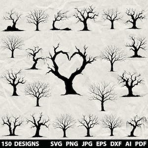 May include: A collection of 15 black tree silhouettes in various shapes and styles, including a tree shaped like a heart. The image includes the text "150 DESIGNS" and file type options: SVG, PNG, JPG, EPS, DXF, AI, and PDF.