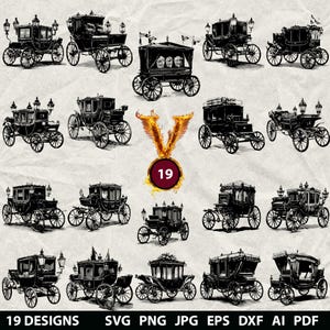 19 Carriage Bundle Svg, Dxf, Eps, Ai, Pdf, Jpg, Png Vintage Car Grayscale Burn Image Cut Vector Cnc Wood Cut File Cricut Carriage Silhouette