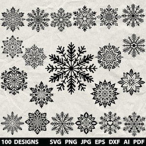 Puede incluir: Una colección de diseños de copos de nieve negros en varios estilos, desde simples hasta intrincados. La imagen incluye el texto "100 DESIGNS" y abreviaturas de tipos de archivo.