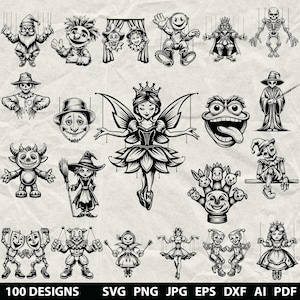May include: A collection of black and white digital illustrations featuring various marionette puppets, including a fairy, skeleton, clown, and gnome. The set includes 100 designs in SVG, PNG, EPS, DXF, AI, and PDF formats on a textured background.
