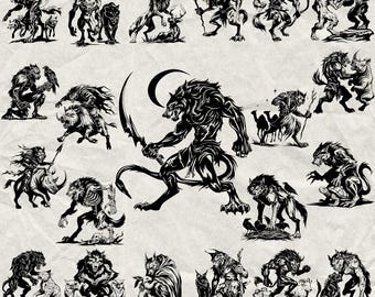 May include: A collection of 80 black and white werewolf designs in various poses, including fighting, howling, and wielding weapons. The image includes the text "80 DESIGNS" and file type abbreviations.