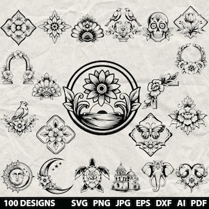 May include: A collection of black and white digital illustrations featuring various motifs including flowers, a skull, birds, a butterfly, a turtle, an elephant, a sun and moon, and architectural elements, with the text 100 DESIGNS SVG PNG JPG EPS DXF AI PDF.