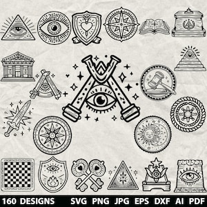 160 Masonic Symbol Bundle Svg, Dxf, Eps, Ai, Pdf, Jpg, Png Grayscale Burn Image Cut Vector Cnc Wood Cut Cricut Masonic Emblems Silhouette