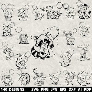 Può includere: Illustrazioni in bianco e nero di vari animali che tengono palloncini. L'immagine include un orso, un cane, un delfino, un gatto, un procione, un cervo, un maiale, una giraffa, un gufo, un riccio, un'anatra e un koala. Il testo in basso dice "140 DISEGNI".
