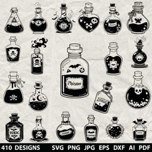 Può includere: Una collezione di bottiglie di pozioni in bianco e nero con vari disegni, tra cui teschi, pipistrelli e le parole "Poison", "Danger" e "Toxic". L'immagine include anche il testo "410 DISEGNI" e informazioni sul tipo di file.