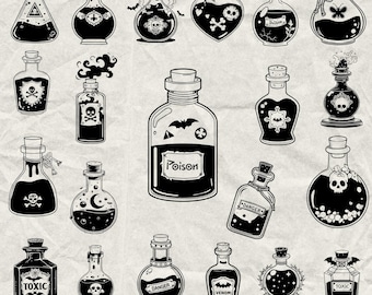 May include: A collection of black and white potion bottles with various designs, including skulls, bats, and the words "Poison," "Danger," and "Toxic." The image also includes the text "410 DESIGNS" and file type information.