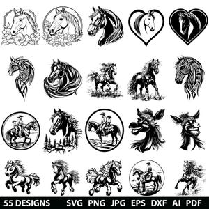 55 koni Laser Svg, Dxf, Eps, Ai, Pdf, Jpg, Png Skala szarości Spalić Dziki koń Obraz Wyciąć Mustang Arabian Wektor Cnc Drewno Wyciąć Sylwetka