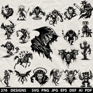 Könnte beinhalten: Eine Sammlung von 270 schwarz-weißen Monsterdesigns. Das Bild zeigt verschiedene Dämonen, Monster und gruselige Kreaturen. Das Bild enthält auch Informationen zu Dateitypen: SVG, PNG, JPG, EPS, DXF, AI und PDF.