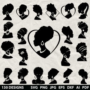 Puede incluir: Una colección de diseños de siluetas negras de mujeres con varios peinados, pañuelos en la cabeza y joyas. La imagen incluye el texto "130 DESIGNS" y opciones de tipo de archivo: SVG, PNG, JPG, EPS, DXF, AI y PDF.