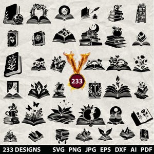 233 Book Bundle Svg,Dxf, Eps, Ai, Pdf, Jpg, Png Bookworm Grayscale Burn Image Cut Vector Cnc Wood Cut File Bookshelf Cricut Book Silhouette
