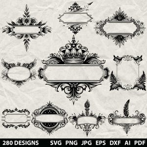 280 Banner Frame Bundle Svg, Dxf, Eps, Ai, Pdf, Jpg, Png Scrapbooking Grayscale Burn Image Cut Wood Cut Cricut Decorative Banner Silhouette