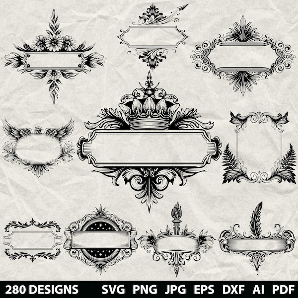 Paquete de 280 marcos para pancartas (SVG, DXF, EPS, AI, PDF, JPG, PNG, Scrapbooking, Escala de grises, Imagen quemada, Corte de madera, Cricut, Silueta de pancarta decorativa)
