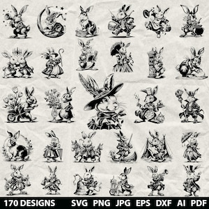 May include: A collection of 25 black and white illustrations of anthropomorphic rabbits in various poses and outfits. Some rabbits are playing instruments, reading, or wearing hats. The image includes the text "170 DESIGNS" and file type options.