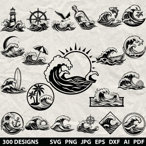 Puede incluir: Una colección de ilustraciones vectoriales en blanco y negro con temática náutica que incluye olas, un faro, un timón, una gaviota, un mensaje en una botella, una tabla de surf, palmeras, un ancla, una brújula y un sol. Texto: 300 DESIGNS SVG PNG JPG EPS DXF AI PDF.