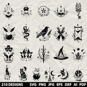 May include: A collection of 20 black and white witchy designs, including a potion bottle with an eye, a skull, a raven, a key, a witch's hat, and a cat. The text "210 DESIGNS" is at the bottom, along with file type options.
