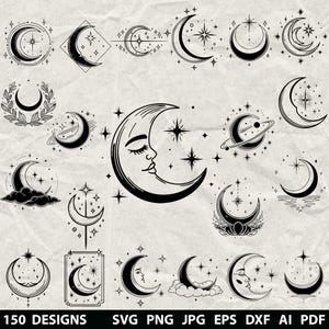Pode incluir: Uma coleção de 150 designs celestiais em preto e branco com luas crescentes, estrelas e planetas. Os designs variam em estilo, de minimalistas a detalhados. A imagem inclui o texto "150 DESIGNS" e opções de tipo de arquivo.