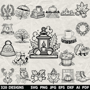 May include: Black and white line art illustrations of fall-themed objects. Includes a pumpkin, acorns, a lantern, a cup of coffee, a wreath, a beanie, a pair of boots, and other autumn-related designs. The text at the bottom reads "320 DESIGNS SVG PNG JPG EPS DXF AI PDF".