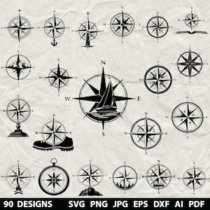 May include: A collection of 20 black and white compass designs, each with a unique style. Some compasses feature nautical elements like a sailboat, anchor, and rope. The image includes the text "90 DESIGNS" and file type options: SVG, PNG, JPG, EPS, DXF, AI, and PDF.