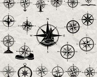 May include: A selection of black and white compass designs, including nautical themes like a sailboat and anchor. The image showcases various styles of compasses. Text at the bottom reads "90 DESIGNS" and file type options: SVG, PNG, JPG, EPS, DXF, AI, and PDF.