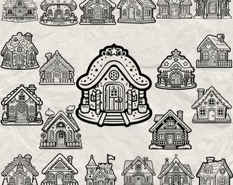 Paquete de 210 casas de jengibre en SVG, DXF, EPS, AI, PDF, JPG y PNG. Escala de grises: imagen quemada, corte vectorial, corte de madera CNC, Cricut, silueta navideña para el hogar.