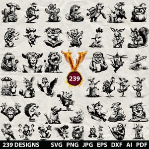 239 Funny Animal Bundle Svg, Dxf, Eps, Ai, Pdf, Jpg, Png Crazy Animal Grayscale Burn Image Cut Vector Wood Cut Cricut Farm Animal Silhouette