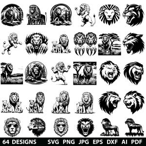 Puede incluir: Un conjunto de 64 diseños de siluetas de leones en blanco y negro. Los leones están en varias poses, incluyendo rugiendo, caminando y de pie. Algunos diseños presentan un león con melena, mientras que otros presentan una leona. Los diseños son perfectos para usar en proyectos de manualidades, scrapbooking y más.