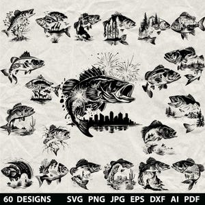 60 Fish Silhouettes Svg, Dxf, Eps, Ai, Pdf, Jpg, Png Sea Animals Grayscale Burn Image Cut Vector Cnc Wood Cut Cricut Fish Silhouette