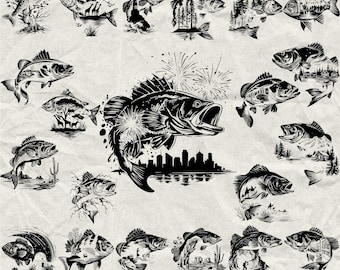 60 Fish Silhouettes Svg, Dxf, Eps, Ai, Pdf, Jpg, Png Sea Animals Grayscale Burn Image Cut Vector Cnc Wood Cut Cricut Fish Silhouette
