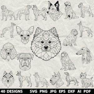 40 Geometric Dog Bundle Svg, Dxf, Eps, Ai, Pdf, Jpg, Png Grayscale Burn Image Cut Vector Cnc Wood Cut Cricut Animals Silhouette
