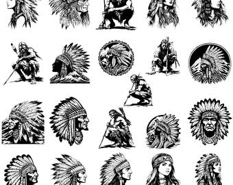43 chefs amérindien laser Svg, Dxf, Eps, Ai, Pdf, Jpg, Png Chef indien en niveaux de gris gravure image vectorielle cnc découpé sur bois Silhouette Cricut