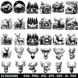 Puede incluir: Un conjunto de 33 diseños digitales en blanco y negro con ciervos, montañas y una cámara. Los diseños son perfectos para crear manualidades, ropa y decoración del hogar.