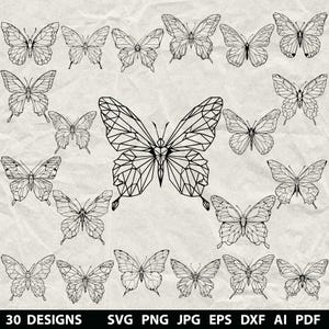 May include: A selection of 30 monochrome butterfly designs, featuring geometric and detailed line art styles, presented on a textured, off-white backdrop. The image includes the text "30 DESIGNS" and file type abbreviations at the bottom.