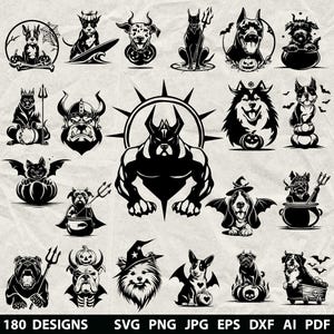 May include: A collection of black and white dog-themed Halloween designs. The designs include various dog breeds in spooky costumes, with pumpkins, bats, and other Halloween elements. The image also includes the text "180 DESIGNS" and file type information.