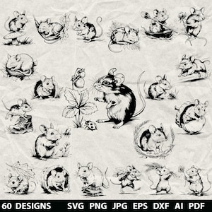 60+ Field Mouse Bundle Svg, Dxf, Eps, Ai, Pdf, Jpg, Png Cute AnimalGrayscale Burn Image Cut Vector Cnc Wood Cut File Cricut Mouse Silhouette