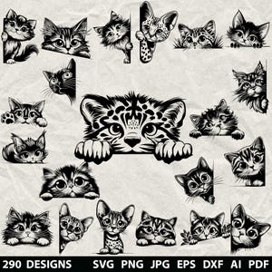 290 kikarkatt Svg, Dxf, Eps, Ai, Pdf, Jpg, Png Katt Djur Gråskala Bränn Bild Skär Vektor CNC Träsnitt Cricut kikarkatt Siluett