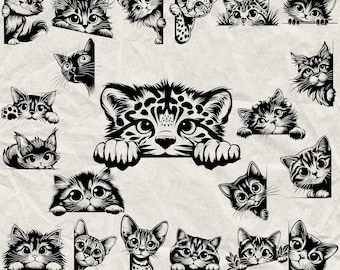 290 Spähende Katze SVG, Dxf, Eps, Ai, Pdf, Jpg, Png Graustufen Katze Tier Brennen Bild geschnitten Vektor Cnc Holzschnitt Cricut Spähende Katze Silhouette