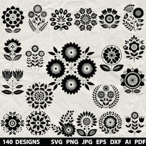 May include: A collection of 140 black floral designs in various styles, including stylized flowers, bouquets, and wreaths. The designs are displayed on a textured, off-white background. The image includes file format information: SVG, PNG, JPG, EPS, DXF, and AI.