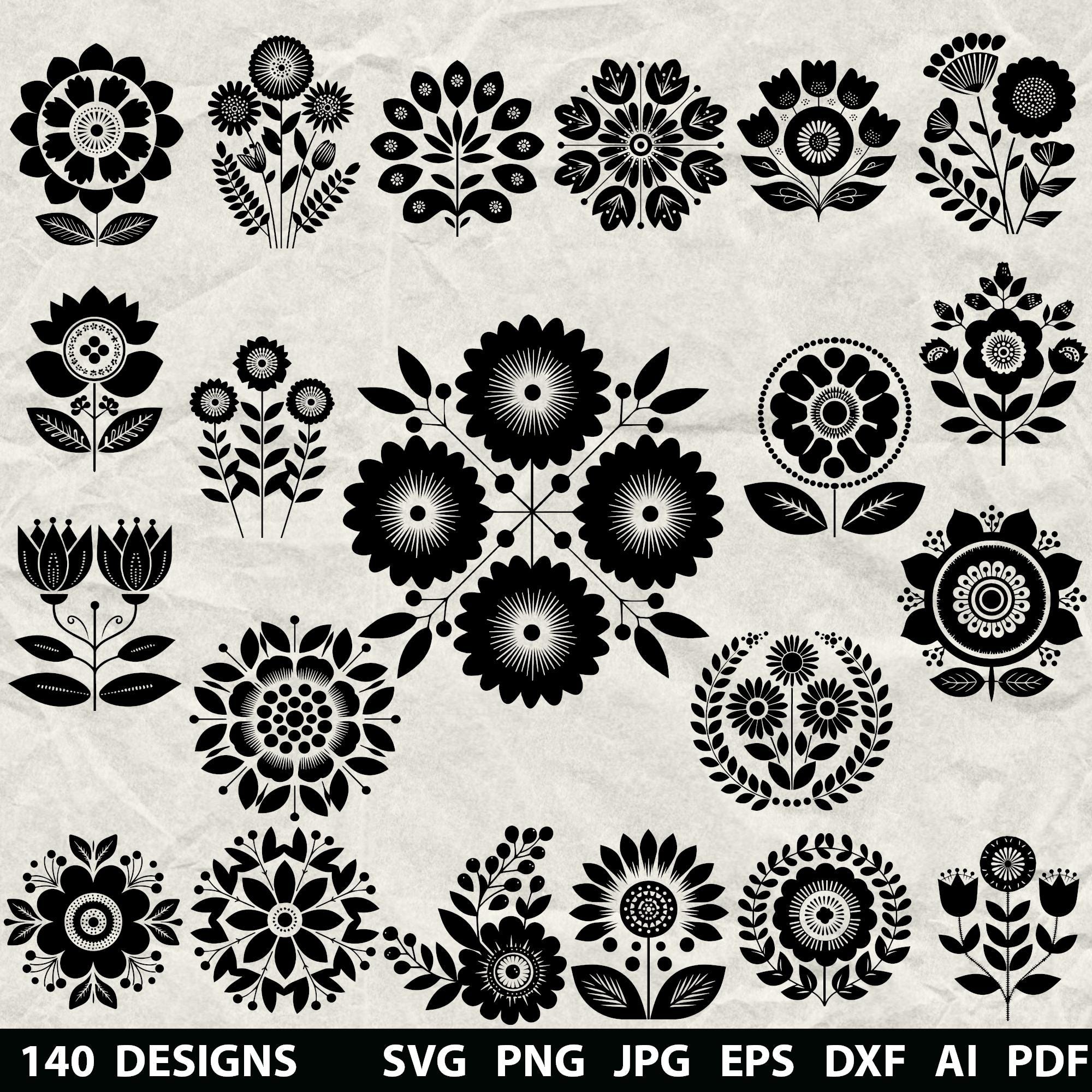 BOOTLEG CD 花柄アートワーク 140 Folk Flowers Bundle Svg, Dxf, Eps, Ai, Pdf, Jpg, Png Grayscale