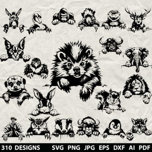May include: Black and white animal illustrations, including a donkey, swan, gorilla, and deer, peeking over a ledge. The image includes a badger, rabbit, and squirrel. The bottom of the image has the text "310 DESIGNS" and file type options.