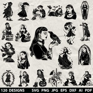 May include: A collection of 120 black and white gothic-themed designs. The illustrations feature women with ravens, bats, and other dark imagery. The image includes the text "120 DESIGNS" and file type options: SVG, PNG, JPG, EPS, DXF, AI, and PDF.