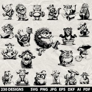 230 Funny Animal Bundle Svg, Dxf, Eps, Ai, Pdf, Jpg, Png Crazy Animal Grayscale Burn Image Cut Vector Wood Cut Cricut Farm Animal Silhouette