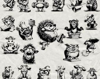 Paquete de 230 animales divertidos en SVG, DXF, EPS, AI, PDF, JPG y PNG. Animales locos en escala de grises, imágenes quemadas, corte vectorial, corte de madera, silueta de animal de granja de Cricut.