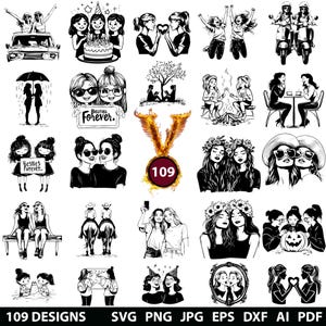 Ensemble de 109 besties Svg, Dxf, Eps, Ai, Pdf, Jpg, Png Meilleurs amis en niveaux de gris gravure image vectorielle découpe CNC découpe bois Cricut Friendship Silhouette