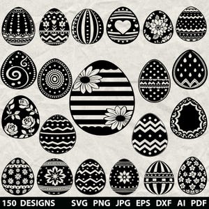 Puede incluir: Una colección de diseños de huevos de Pascua en blanco y negro. Los huevos presentan varios patrones, incluyendo rayas, florales, puntos y formas geométricas. La imagen incluye el texto "150 DISEÑOS" y abreviaturas de tipos de archivo.