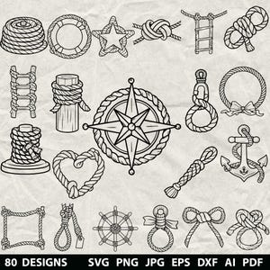 May include: Black and white nautical-themed illustrations of various rope designs, including knots, a compass rose, a ship's wheel, and an anchor. The image also includes the text "80 DESIGNS SVG PNG JPG EPS DXF AI PDF".