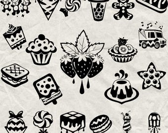 Puede incluir: Ilustraciones vectoriales en blanco y negro de varios postres y dulces, incluyendo una magdalena, fresas, helado y un hombre de jengibre. La imagen también incluye el texto "280 DISEÑOS" y opciones de tipo de archivo.