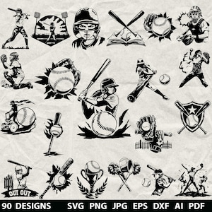 90 Softball Bundle Svg, Dxf, Eps, Ai, Pdf, Jpg, Png Sport Baseball Grayscale Burn Image Cut Vector Cnc Wood Cut Cricut Softball Silhouette