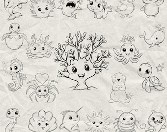 120 kawaii havsfantasidjur Svg, Dxf, Eps, Ai, Pdf, Jpg, Png Gråskala Bränn bild Skär vektor CNC träsnitt Cricut handritad silhuett