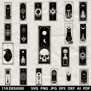 May include: A collection of black and white illustrations featuring mystical and occult themes. Designs include a skull, cat, crystal ball, key, and other celestial and witchy symbols. The text at the bottom reads "110 DESIGNS SVG PNG JPG EPS DXF AI PDF".